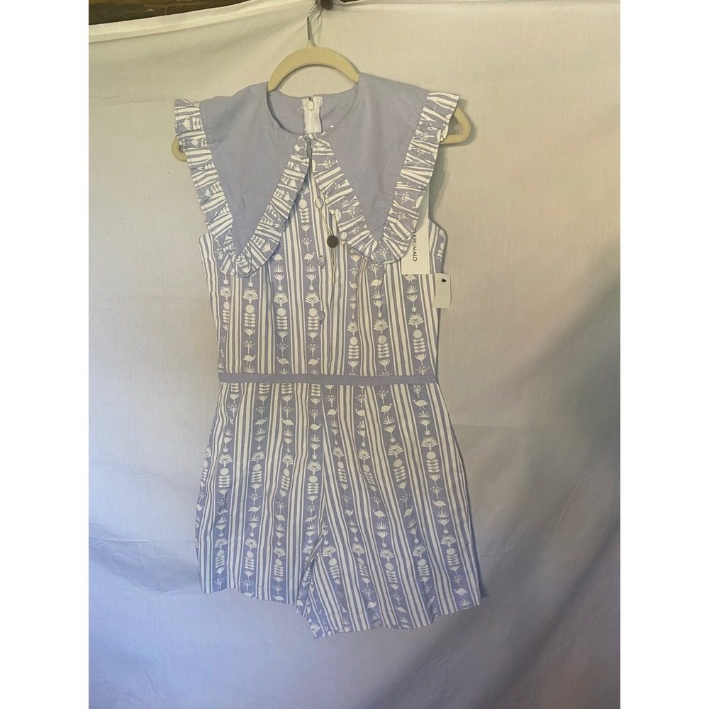 SINDISO KHUMALO Light Blue White Striped Floral Print Playsuit Size 8 MSRP $545